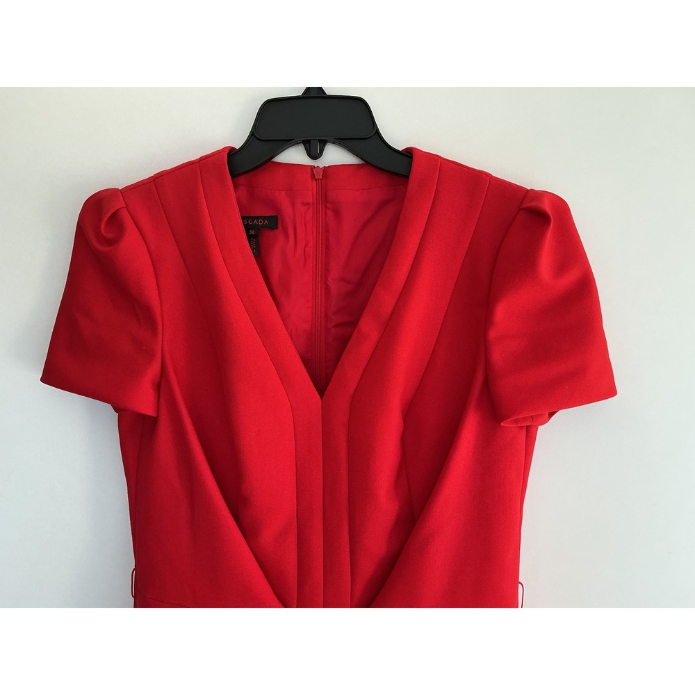 Escada V-Neck Sheath Dress Womens Sz 6/38 Red Short Sleeve Pleated Structure - Picture 6 of 9